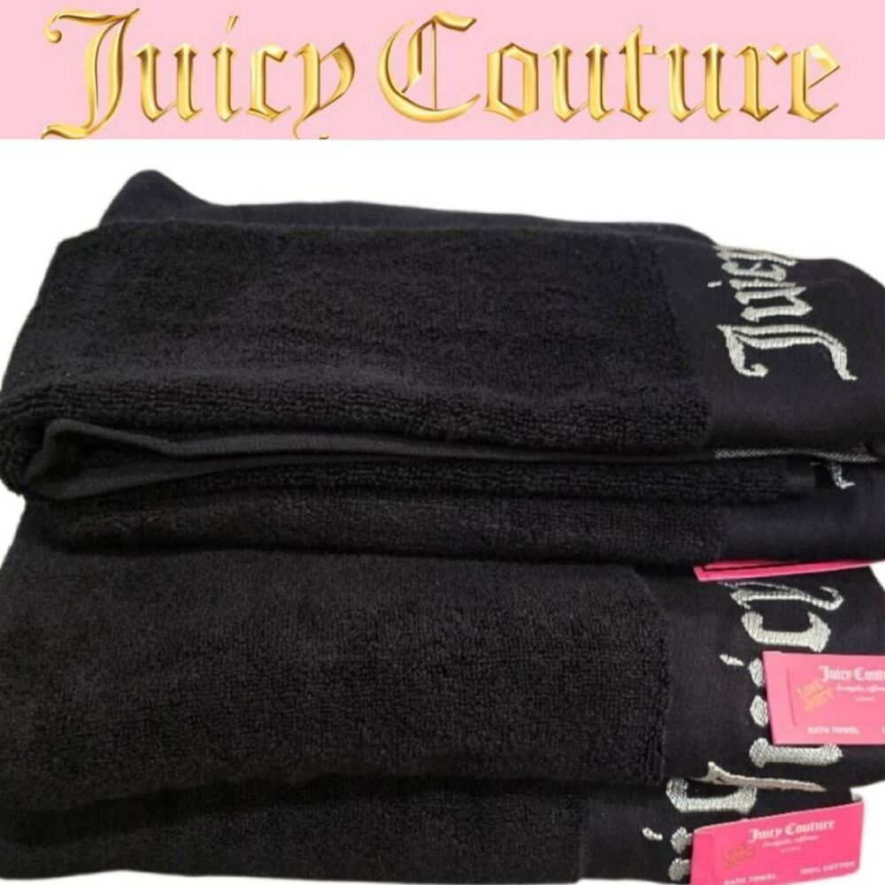Juicy Couture Home Embrodried Signature Logo Bath & Hand Towel Set- Black/Silver